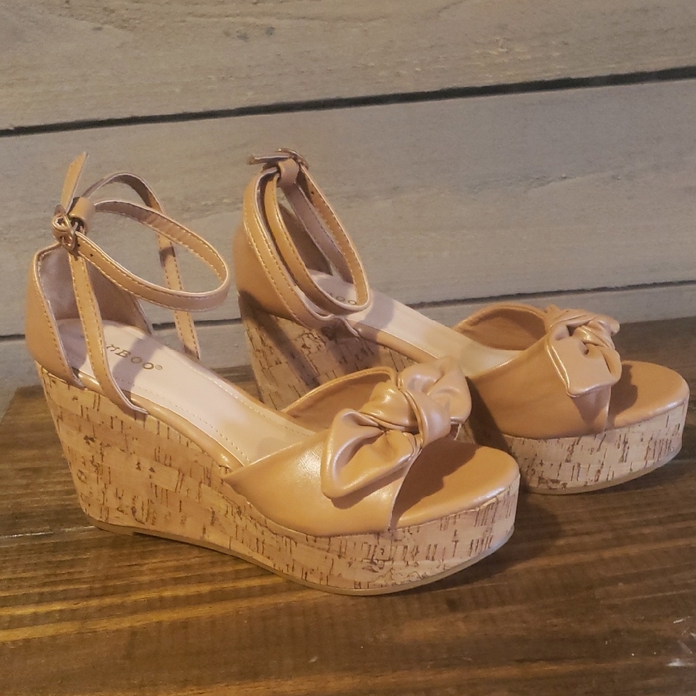 BAMBOO Tan Wedge Sandals with Bow
